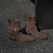 3.5cm复古套筒两穿方头短靴女皮带扣粗跟束口时装 牛皮 靴