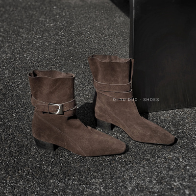 【牛皮】牛皮/3.5cm复古套筒两穿方头短靴女皮带扣粗跟束口时装靴