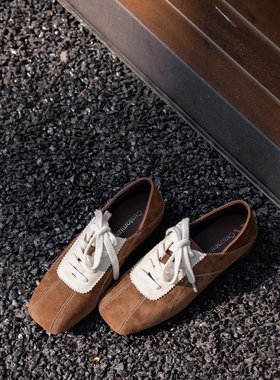 QIYUDUO 真皮方头休闲德训鞋女2026春新款舒适百搭运动鞋平底单鞋