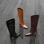 七与多 鳄鱼纹直筒不过膝显瘦高筒靴女气质高跟长靴百搭瘦瘦靴