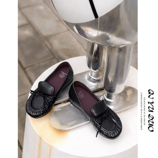 QIYUDUO 羊皮褶皱乐福鞋女内增高法式圆头蝴蝶结百搭小皮鞋单鞋