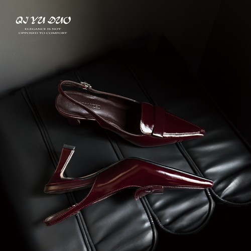 【七与多】牛皮7cm2025夏季新款 小方头高跟凉鞋包头后空细跟女鞋