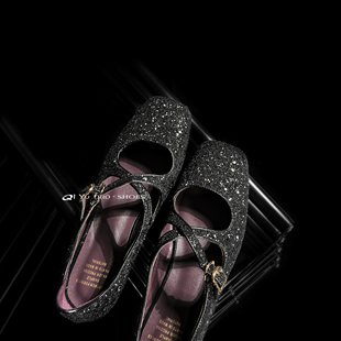 【七与多】1cm/千金交叉带格丽特平底玛丽珍鞋女低跟亮片软底单鞋