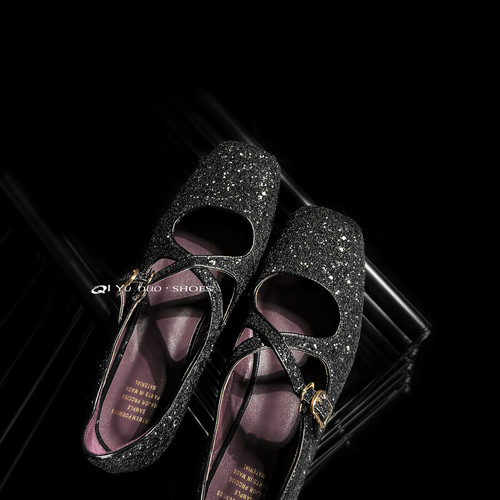 【七与多】1cm/千金交叉带格丽特平底玛丽珍鞋女低跟亮片软底单鞋