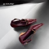 七与多 羊皮 5cm设计师款 粗跟铆钉单鞋 女丁字带异型跟玛丽珍鞋