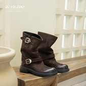 QIYUDUO 马臀皮复古西部靴女废土风做旧皮带扣中筒马丁靴真皮短靴