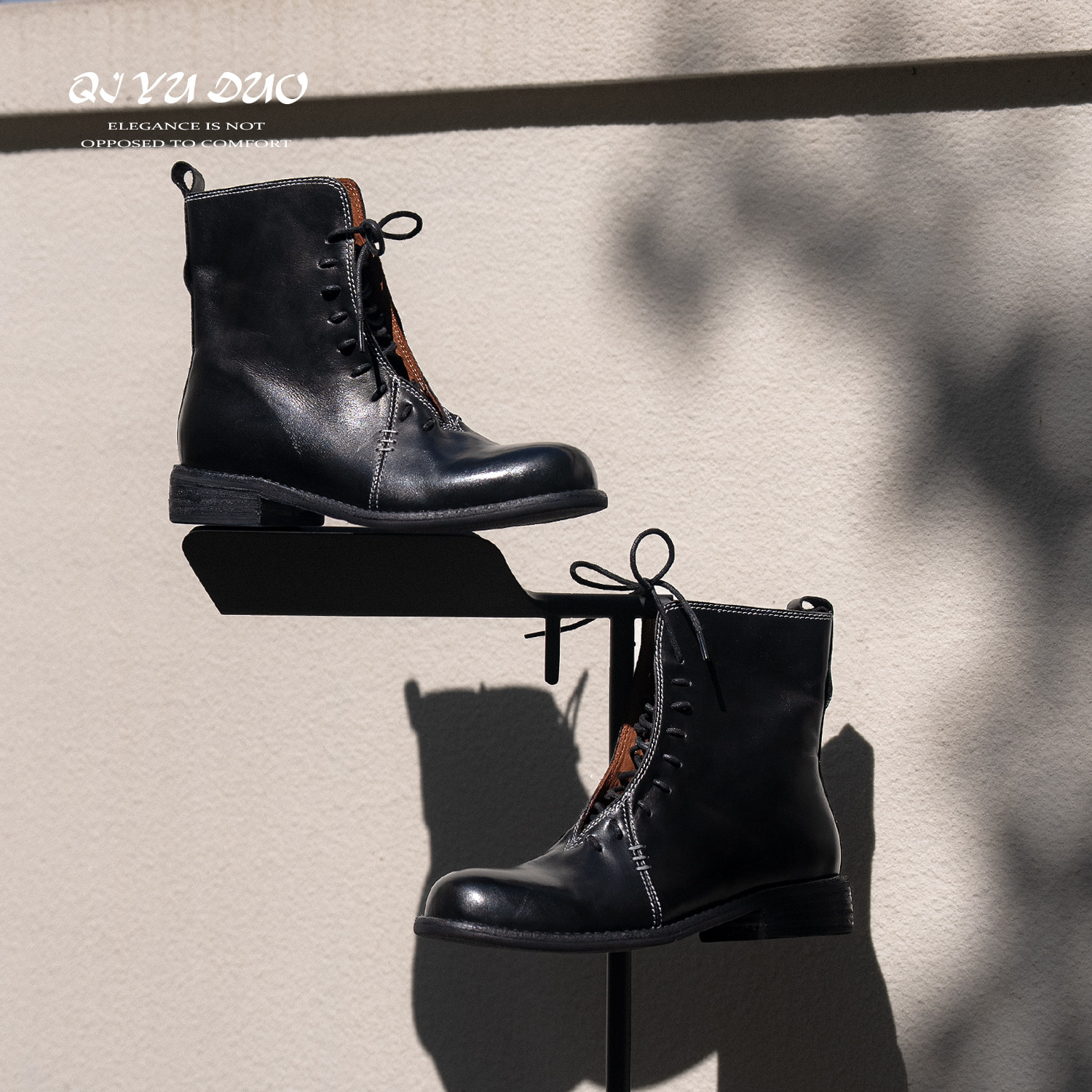 水洗马皮马丁靴侧拉链真皮底短靴