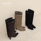 QIYUDUO 美拉德复古裤 管靴方头扣带牛反绒高跟及膝靴女长筒高筒靴