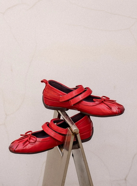 QIYUDUO 红色玛丽珍鞋女真皮软底内增高浅口单鞋复古蝴蝶结芭蕾鞋