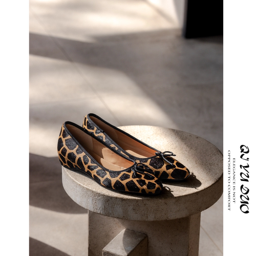 方头豹纹芭蕾鞋女马毛内增高单鞋