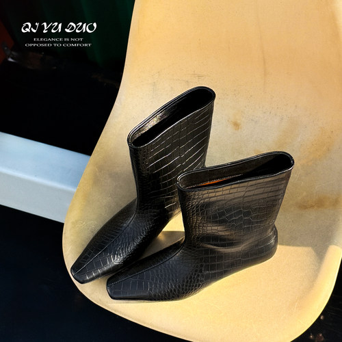 方头鳄鱼纹短靴女真皮小坡跟单靴