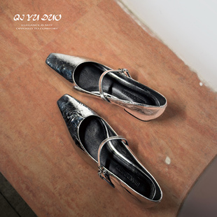 七与多 绝美银色一字带玛丽珍女鞋 羊皮 法式 气质方头单鞋 2cm