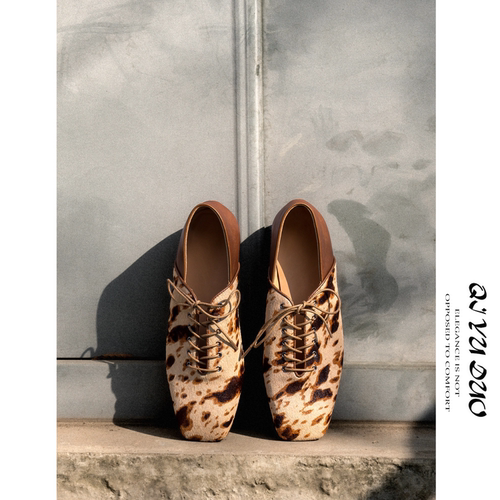 马毛德比鞋女平底系带豹纹单鞋