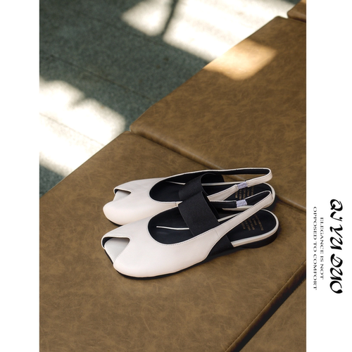 苹果头鱼嘴真皮凉鞋女夏季平底鞋