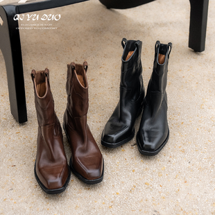 QIYUDUO 重工马皮宽筒粗跟西部牛仔短靴女复古美拉德百搭骑士靴子
