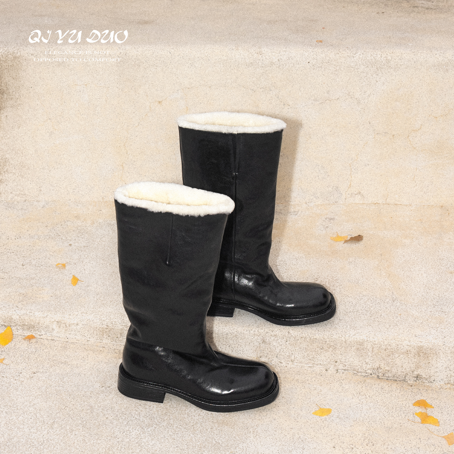 马皮粗跟长筒靴保暖羊羔毛骑士靴