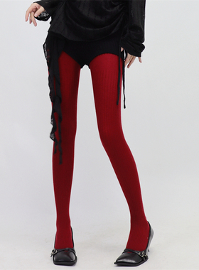 AY Tofilms红色连裤袜秋冬保暖显瘦羊毛打底袜加绒加厚宽条打底袜