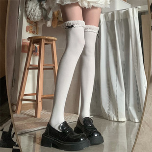 洛丽塔少女刺绣棉花边植绒蝴蝶结细条棉质大腿过膝袜 films