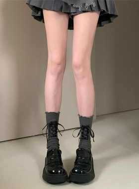 AYTofilms木耳边少女灰色堆堆袜女韩国ins绑带设计竖条棉中筒袜子