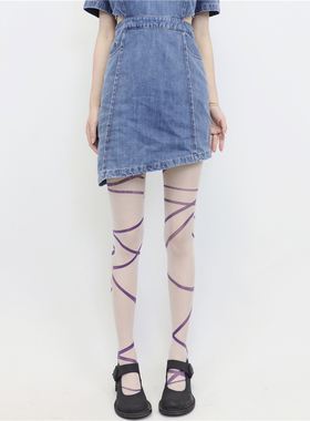 AY To films 小众设计感个性紫色不规则条纹丝袜辣妹印花连裤袜女