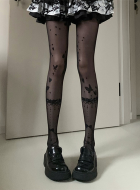 AYTofilms春夏超薄性感黑丝可爱洛丽塔蝴蝶白色丝袜甜美印花丝袜