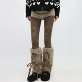 AYTofilms 糖炒栗子色秋冬加厚保暖绑带毛毛腿套搭棕色菱格连裤 袜