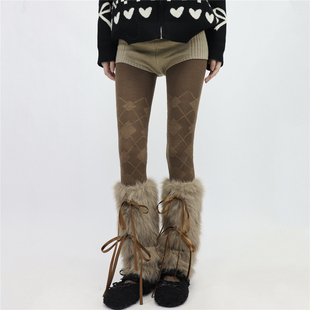 AYTofilms 袜 糖炒栗子色秋冬加厚保暖绑带毛毛腿套搭棕色菱格连裤