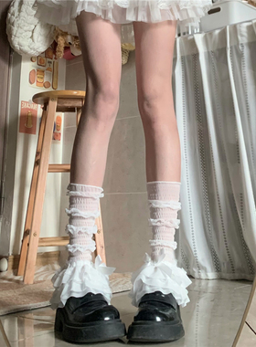 AYTofilms 白色多层蕾丝花边袜套春夏超薄蝴蝶结泡泡褶皱防晒腿套