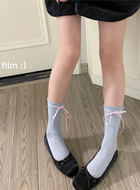 AY To films 蓝色绑带袜薄款中筒袜春夏彩色丝带绑腿少女爱心短袜
