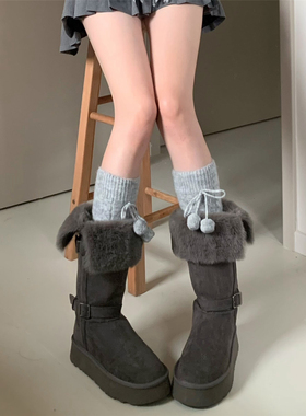 AYTofilms 搭靴子灰色可爱毛球柔软保暖腿套秋冬麻花针织堆堆袜套