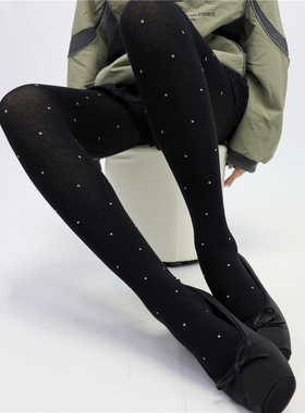 AYTofilms韩系miu风波点连裤袜秋冬直角带脚跟薄棉黑色显瘦打底袜