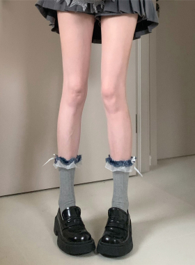 AYTofilms 灰色拼接花边蝴蝶结日系少女时髦宽条棉中筒堆堆袜子女
