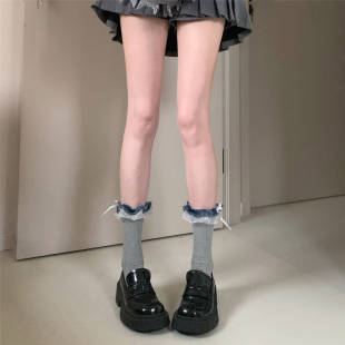 AYTofilms 灰色拼接花边蝴蝶结日系少女时髦宽条棉中筒堆堆袜子女