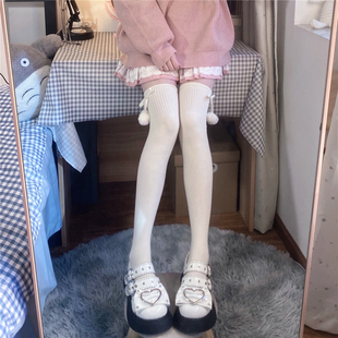 可爱毛球JK高筒羊毛过膝袜纯欲风米白色加厚大腿袜女 films