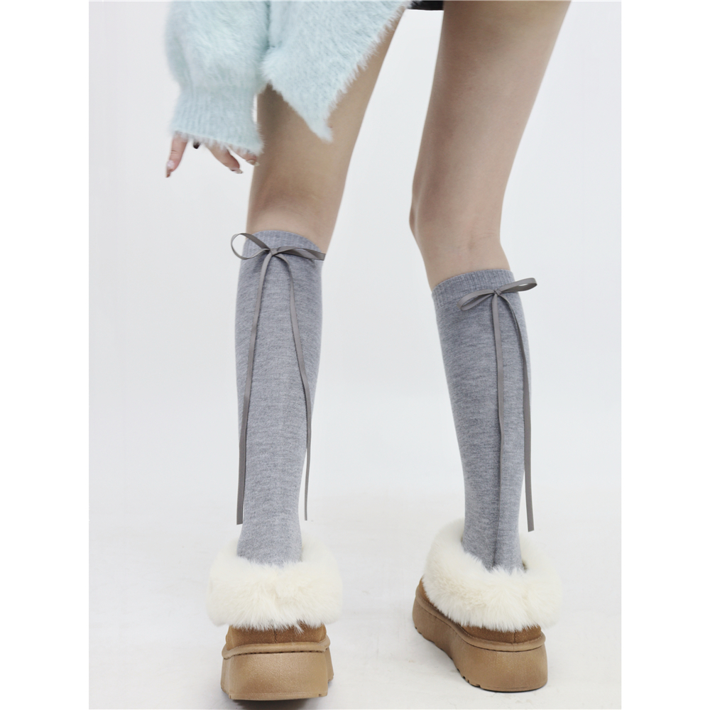 保暖女羊毛混纺丝带蝴蝶结小腿袜