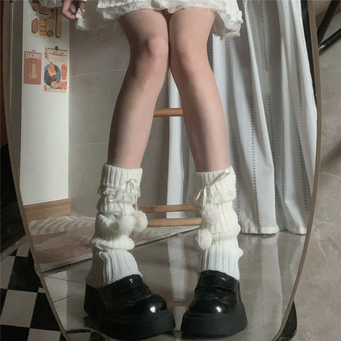 保暖女针织毛球蕾丝花边堆堆袜套