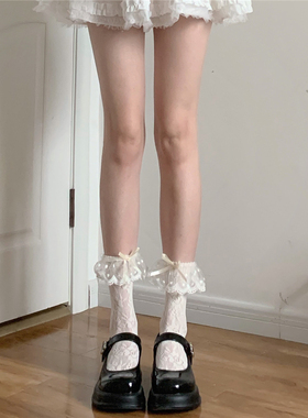 AY To films 春夏少女奶白复古花边蝴蝶结中筒袜蕾丝花卉镂空网袜