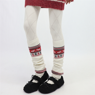 AYTofilms 复古针织绵羊毛袜套费尔岛腿套圣诞小鹿小腿堆堆袜靴套
