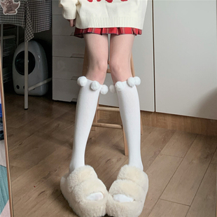 Tofilms纯欲风白色毛球小腿袜棉中筒袜可爱少女堆堆袜洛丽塔袜