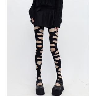 AYTofilms捆绑洞洞袜个性 袜 辣妹黑白网袜镂空不规则Y2K破洞九分裤