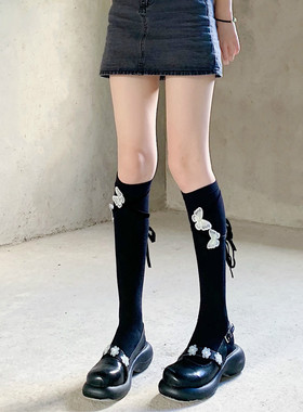 AY to films 春秋蝴蝶绑带小腿袜子棉质甜妹复古白色中筒袜女