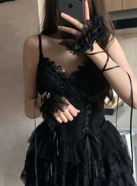 AYTofilms亚文化y2k黑色多层蛋糕蕾丝袖套春夏薄款绑带花边手套袖