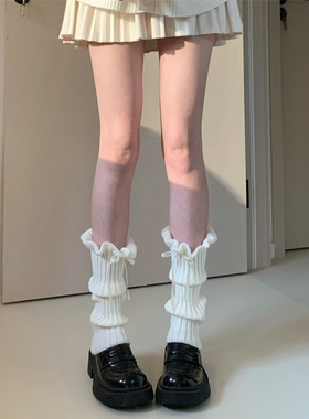 AYTofilms 秋冬白色木耳边袜套蝴蝶结针织小腿套保暖花边堆堆靴袜