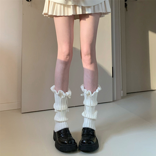 AYTofilms 秋冬白色木耳边袜套蝴蝶结针织小腿套保暖花边堆堆靴袜