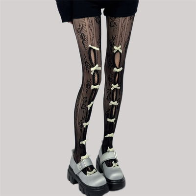 AYTofilms植绒蝴蝶结镂空网袜