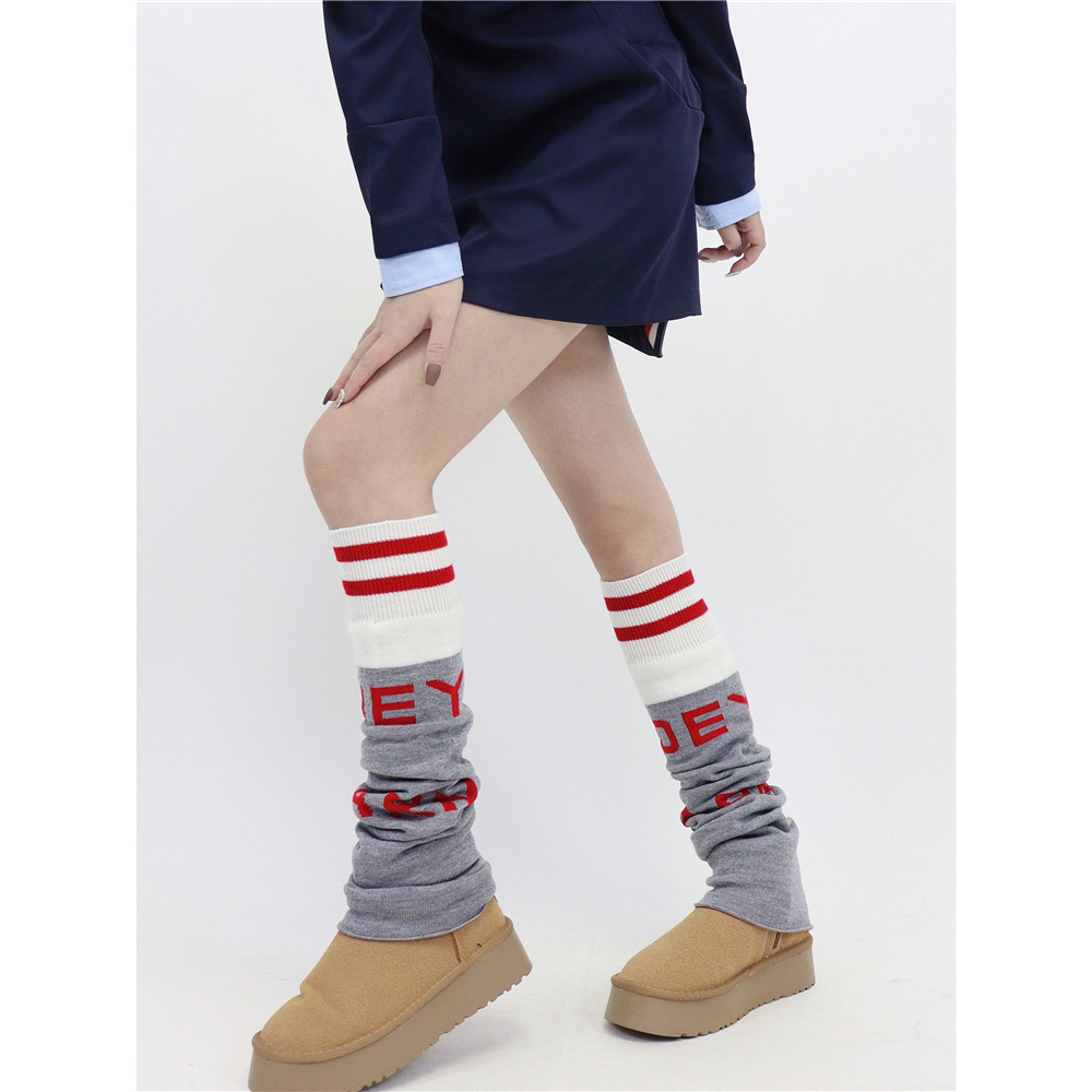 AY To films 秋冬雪地靴袜套灰色条纹杠字母百搭针织拼接堆堆腿套,女士内衣/男士内衣/家居服,中筒袜,淘宝优惠券,粉丝福利购,淘宝优惠卷