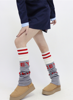 AY To films 秋冬雪地靴袜套灰色条纹杠字母百搭针织拼接堆堆腿套