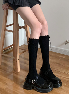 AY To films韩国ins龙心中筒袜木耳边堆堆袜蝴蝶结飘带少女小腿袜