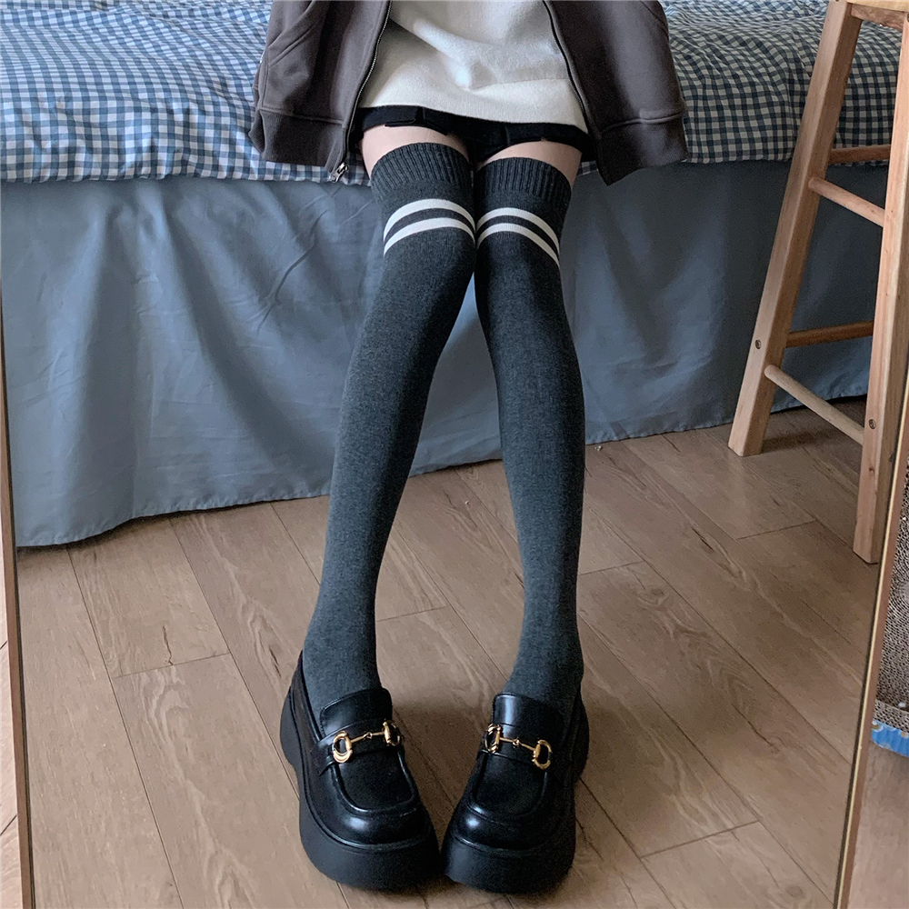 学院风双杠条纹过膝袜加厚保暖