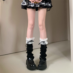 AYTofilms秋冬保暖针织堆堆踩脚袜套蕾丝花边丝带洛丽塔黑色腿套